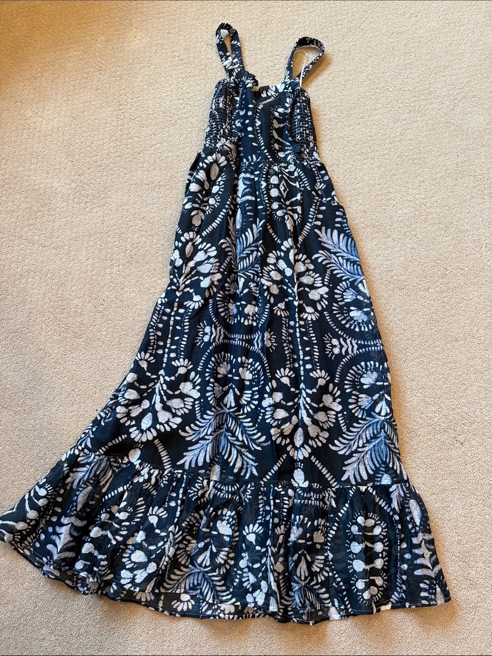 Marie Oliver linen & silk Sleeveless  navy Dress with batik White Print
